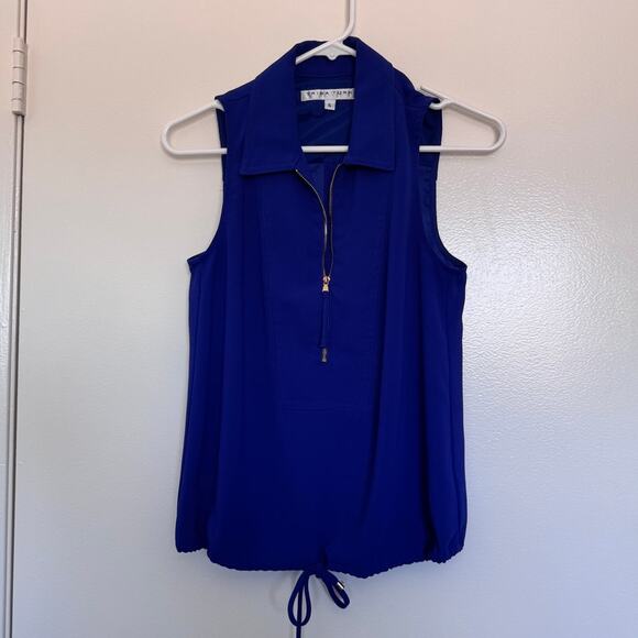 Trina Turk Collared Drawstring Waist Blue Tank Blouse Size Small - Picture 1 of 4